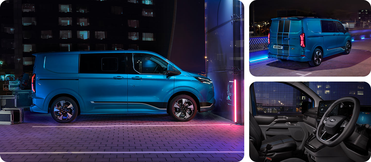 Ford E-Transit Custom cu cabină dublă albastru pe timp de noapte, vedere laterală.